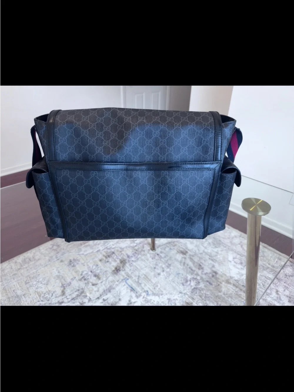 Gucci Black GG Supreme Diaper Bag with Red and Blue Web Strap